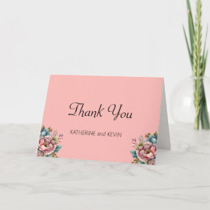 Elegant Dusty Rose Aquamarin Blue Floral Wedding Dankeskarte