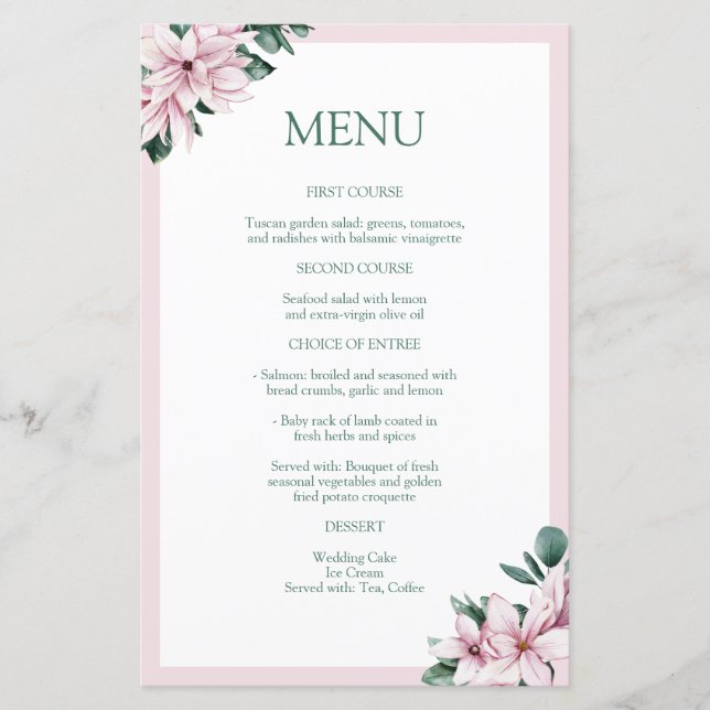 Elégant Dusty Rose Aquarelle Magnolia Menu (Devant)