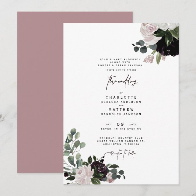 Elegant Dusty Rose Floral Beide Eltern Hochzeit Einladung (Vorne/Hinten)