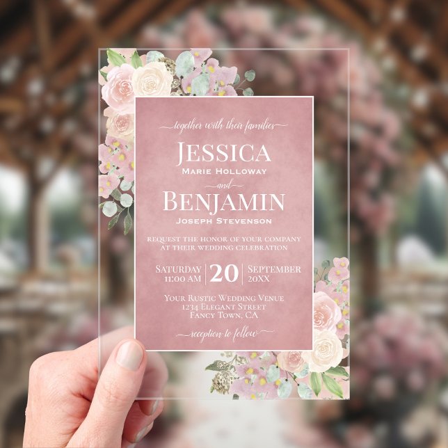 Elegant Dusty Rose Floral Stylish Text Wedding Acryleinladungen (Clear Acrylic with Rectangle Cut)