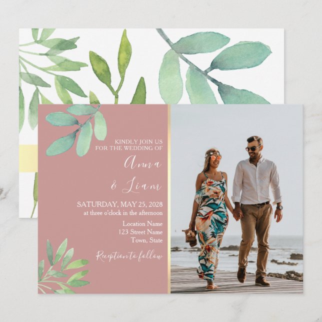 Elegant Dusty Rose Greenerity Wedding Foto Einladung (Vorne/Hinten)