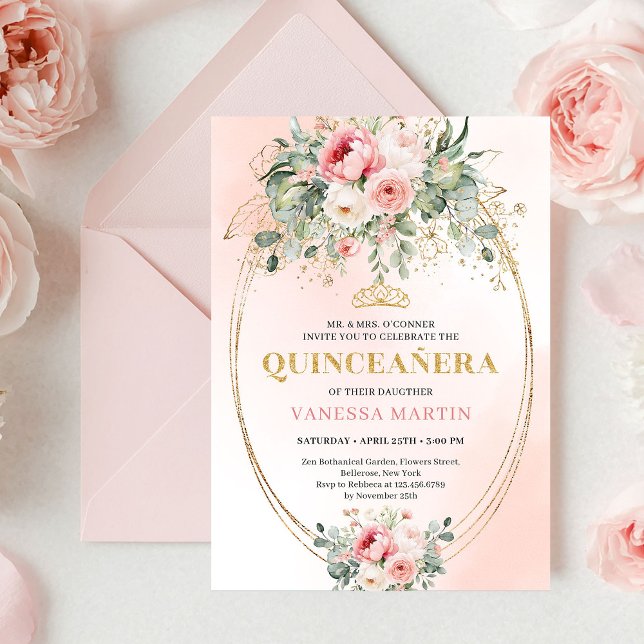Elegant Dusty Rose Greenery Quinceañera Card Einladung (Elegant Dusty Rose Greenery Quinceañera Card

)