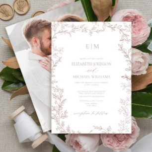 Elegant Dusty Rose Leaf Foto Monogram Wedding Einladung