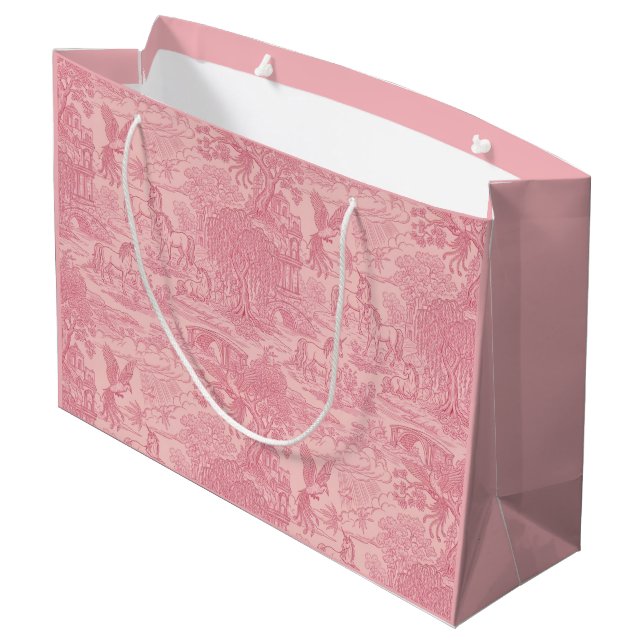 Elegant Dusty Rose Pink Rococo Revival Toile  Große Geschenktüte (Rückseite Schrägansicht)