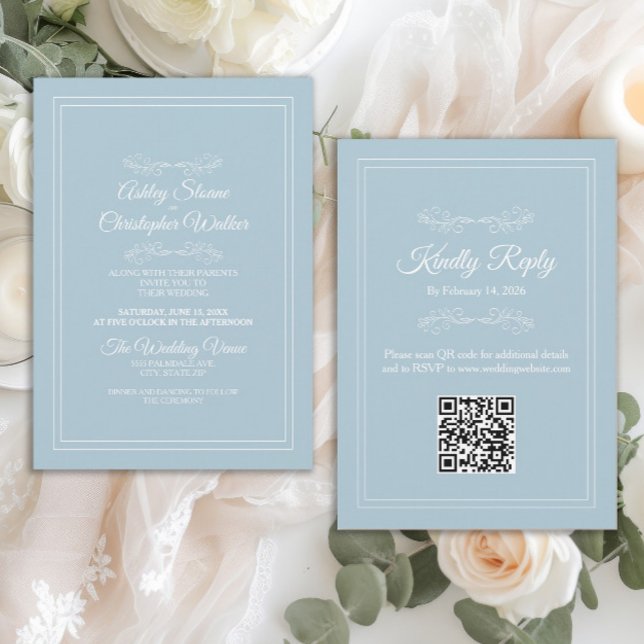 Elegant Dusty Sky Blue White QR code Wedding Einladung (Elegant dusty blue QR code wedding invitation)