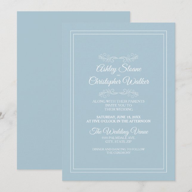 Elegant Dusty Sky Blue White Wedding Einladung (Vorne/Hinten)