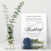 Elegant Dusty Steel Blue Rose Fancy Script Wedding