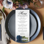 Elegant Dusty Steel Blue Rose Reflections Wedding Menükarte<br><div class="desc">Dieses schöne Menü wird Ihrem Hochzeitsempfang etwas mehr Stil verleihen. Es zeichnet sich durch ein wunderschönes und romantisches Design aus. Die Rose aus Single ist aus rosa oder blau-grauem Stahl, die auf der Seite liegt und in einem Wasserbecken mit Wellen und Wellen reflektiert wird. Es gibt Platz für die Namen...</div>