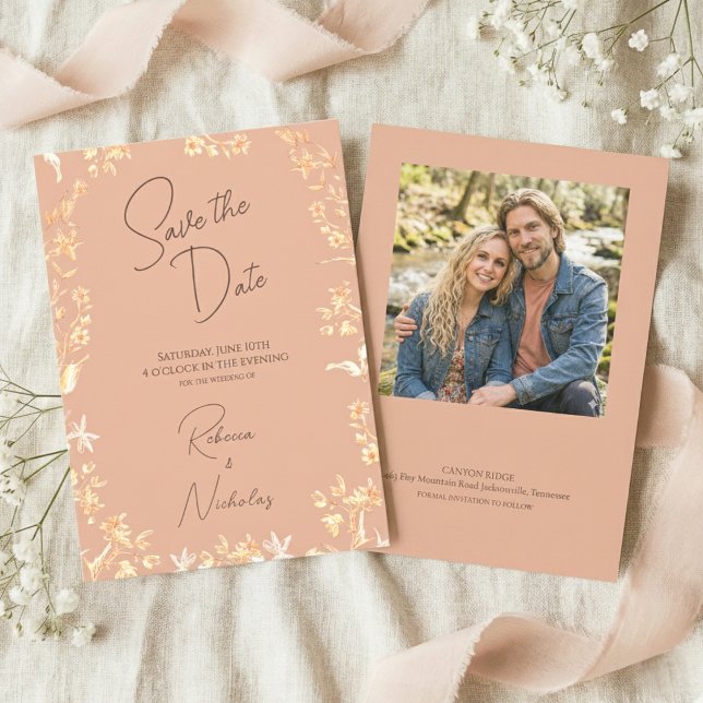 Elegant Dusty Terracotta Copper Wildflowers Photo Save The Date (Von Creator hochgeladen)