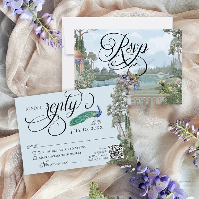 Elegant Dusty Vintag Garden Grüne Hochzeit RSVP Karte (Unique vintage French peacock garden rococo chinoiserie greenery floral old money wedding RSVP)