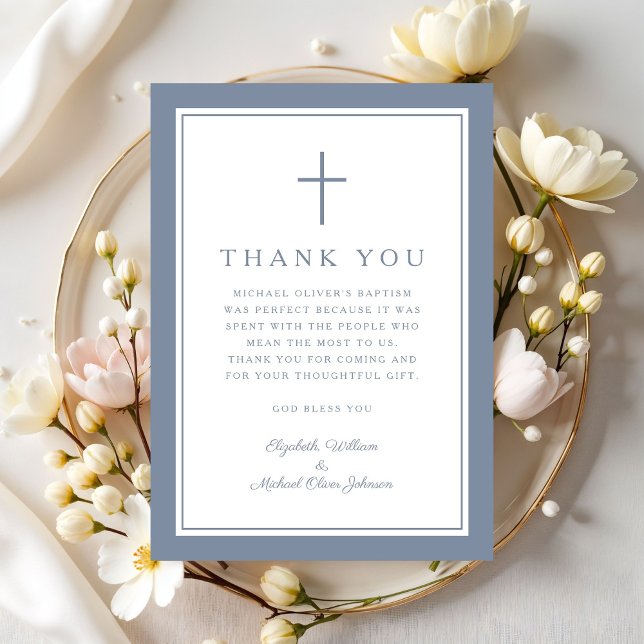 Elegant Dysty Blue Religious Cross Baptism Dankeskarte (Elegant Dysty Blue Religious Cross Baptism Thank You Card)