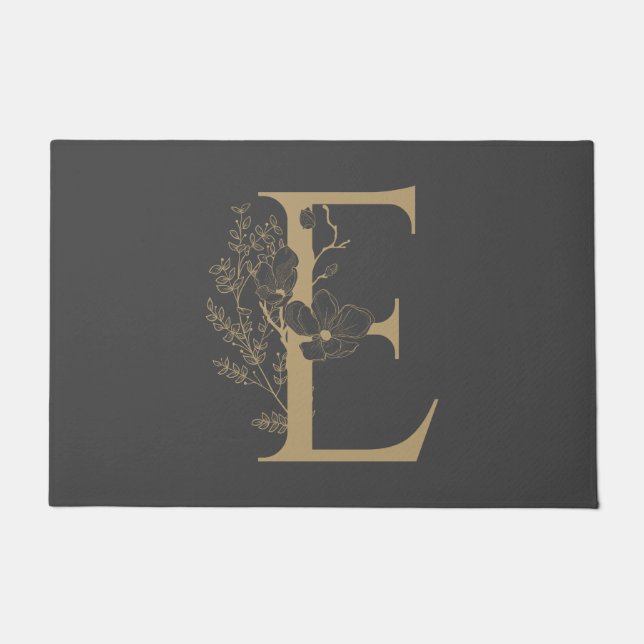 Elegant E Boho Floral Monogram Initial Gray Gold Fußmatte (Vorderseite)