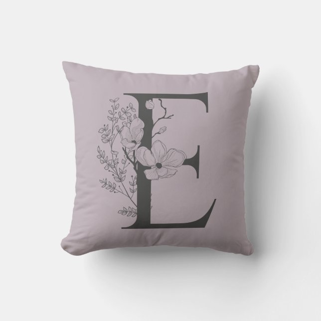 Elegant E Boho Floral Monogram Initial Lilac Gray Kissen (Vorderseite)
