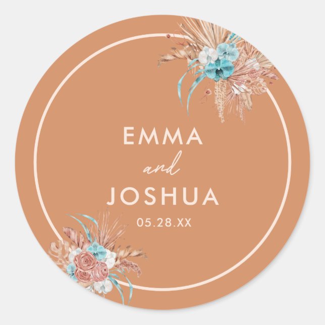 Elegant Earthy Boho Floral Wedding Runder Aufkleber (Vorderseite)