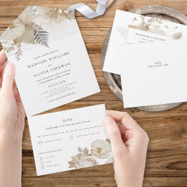 Elegant Earthy Floral Chic White Wedding All In One Einladung