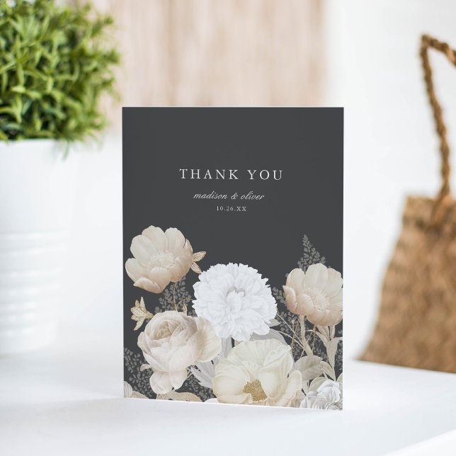 Elegant Earthy Floral Dark Gray Chic Wedding Dankeskarte (Von Creator hochgeladen)