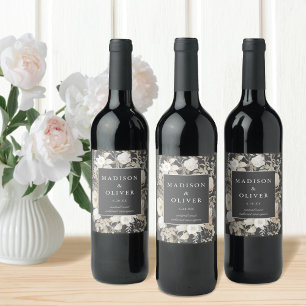 Elegant Earthy Floral Dark Gray Wedding Weinetikett