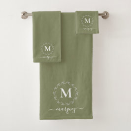 Elegant Earthy Green Personalisiert Wreath Monogra Badhandtuch Set