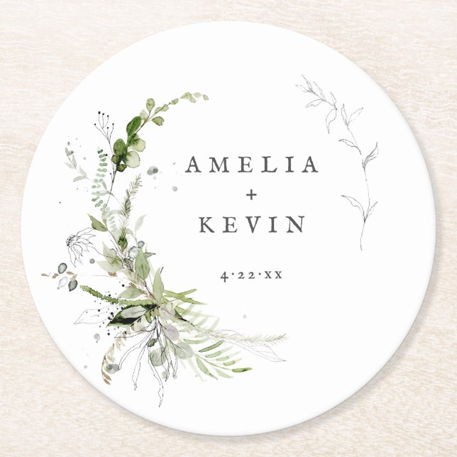 Elegant Earthy Greenery Personalisiert Names Date  Runder Pappuntersetzer (Vorderseite)