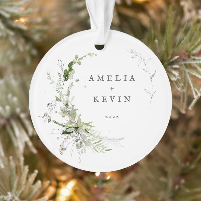 Elegant Earthy Greenery Personalisiert Names Foto Ornament (Baum)