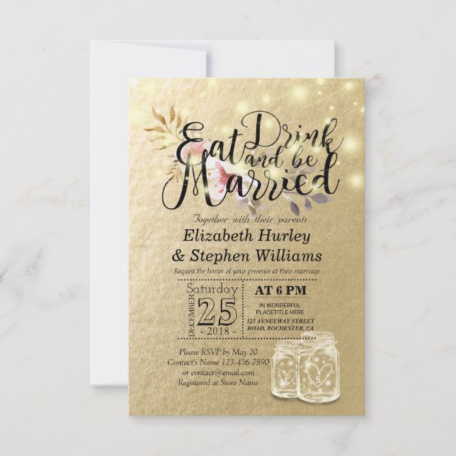 Elegant EAT Boire & Etre Marié Mariage Invitations (Devant)
