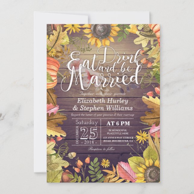 Elegant EAT Boire & Etre Marié Mariage Invitations (Devant)