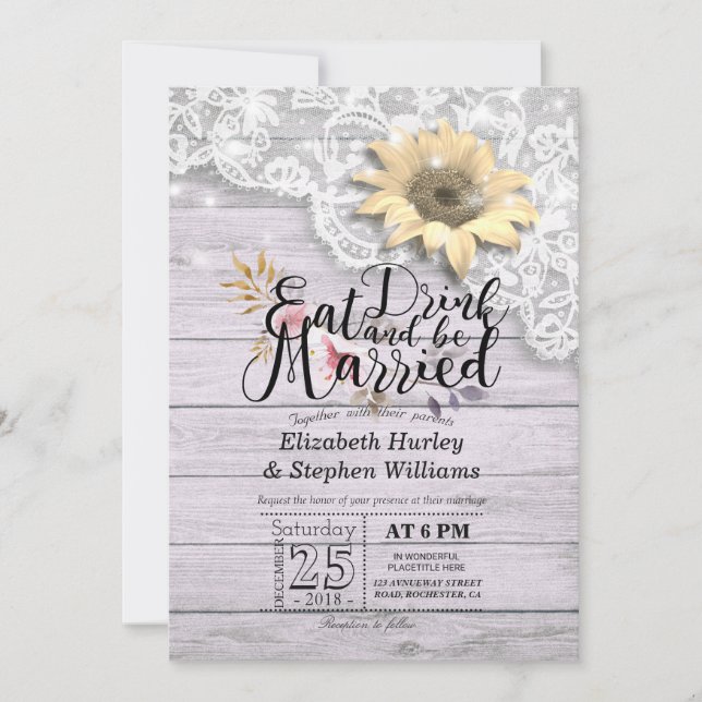 Elegant EAT Boire & Etre Marié Mariage Invitations (Devant)