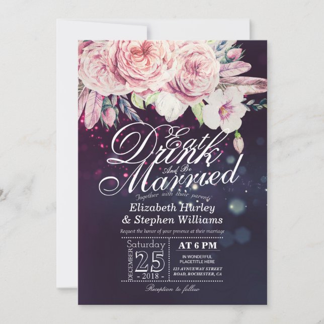 Elegant EAT Boire & Etre Marié Mariage Invitations (Devant)