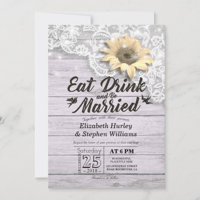Elegant EAT Boire & Etre Marié Mariage Invitations (Devant)