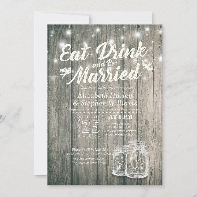 Elegant EAT Boire & Etre Marié Mariage Invitations (Devant)