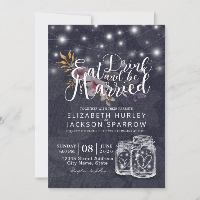 Elegant EAT Boire & Etre Marié Mariage Invitations (Devant)