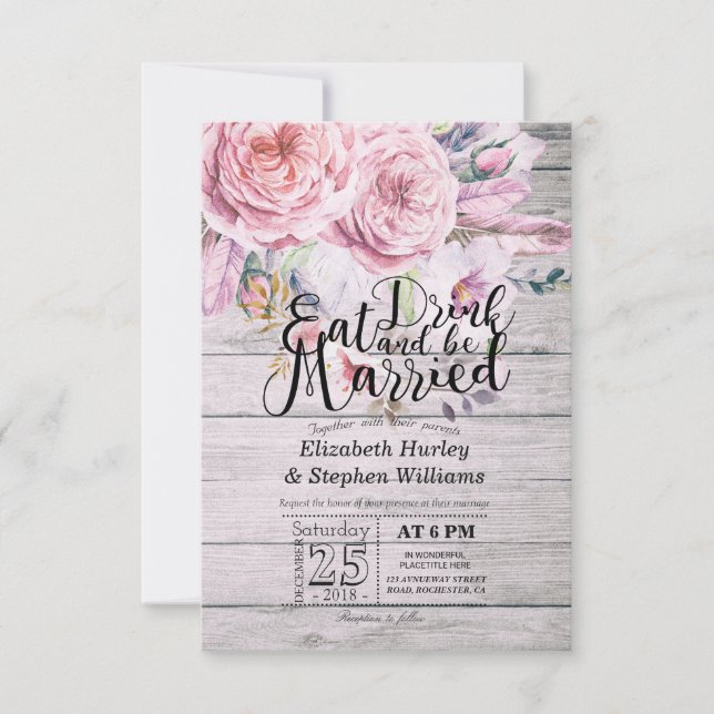Elegant EAT Boire & Etre Marié Mariage Invitations (Devant)
