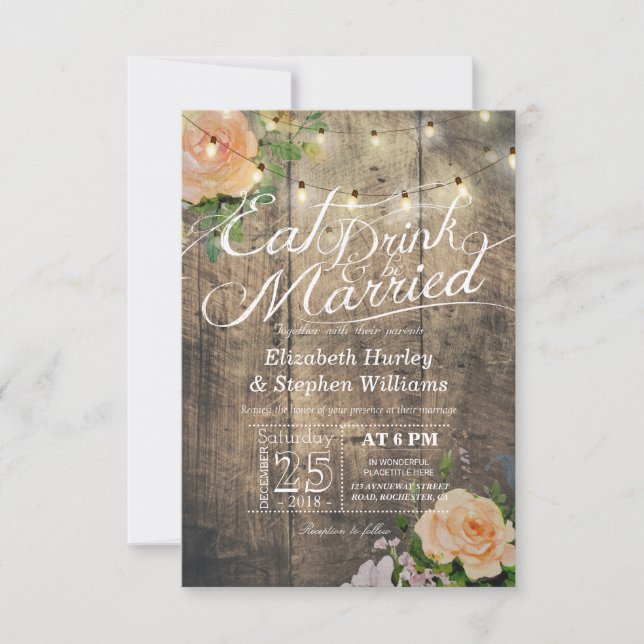 Elegant EAT Boire & Etre Marié Mariage Invitations (Devant)