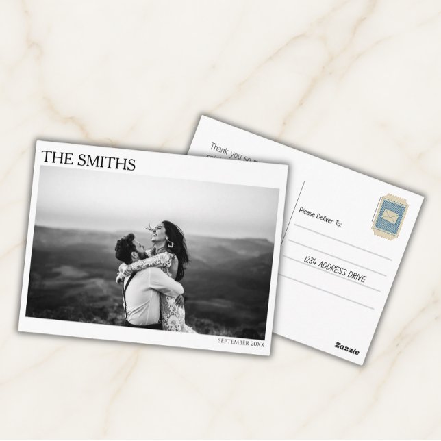 Elegant Editorial Wedding Photo Thank You Postkarte (Editorial Wedding Photo Thank You Post Cards)