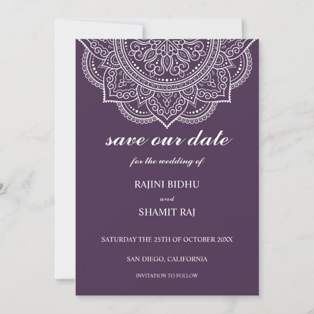 Elegant Eggplant Paisley Indian Hindu Wedding Save The Date (Vorderseite)
