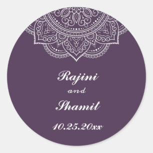 Elegant Eggplant White Indian Paisley Wedding Runder Aufkleber