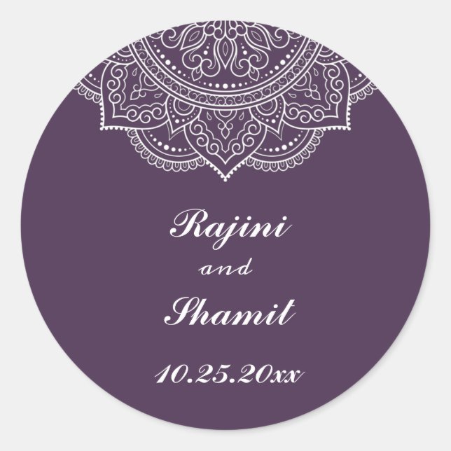 Elegant Eggplant White Indian Paisley Wedding Runder Aufkleber (Vorderseite)