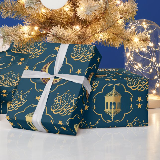 Elegant Eid Mubarak Arabic Calligrafy gold blau Geschenkpapier (Feiertage)