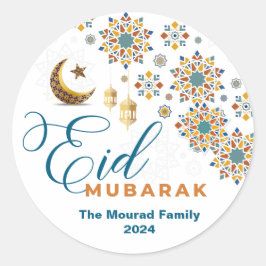 Elegant Eid Mubarak Arabic Calligraphy Moon Stars Runder Aufkleber