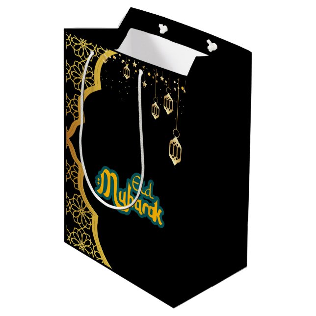 Elegant Eid Mubarak Black Gold Mittlere Geschenktüte (Rückseite Schrägansicht)