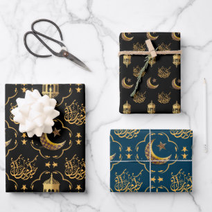 Elegant Eid Mubarak Calligrafy Gold schwarz blau Geschenkpapier Set