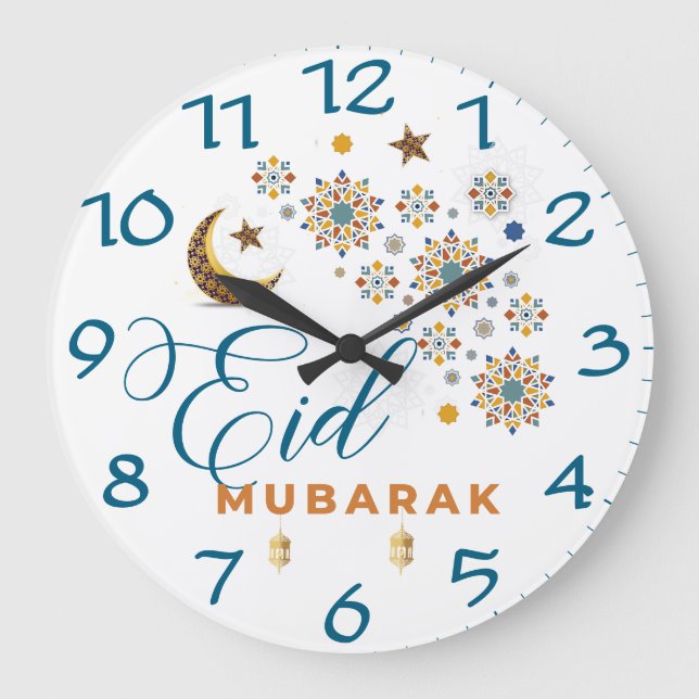 Elegant Eid Mubarak Calligraphy Moon Stars Große Wanduhr (Vorderseite)