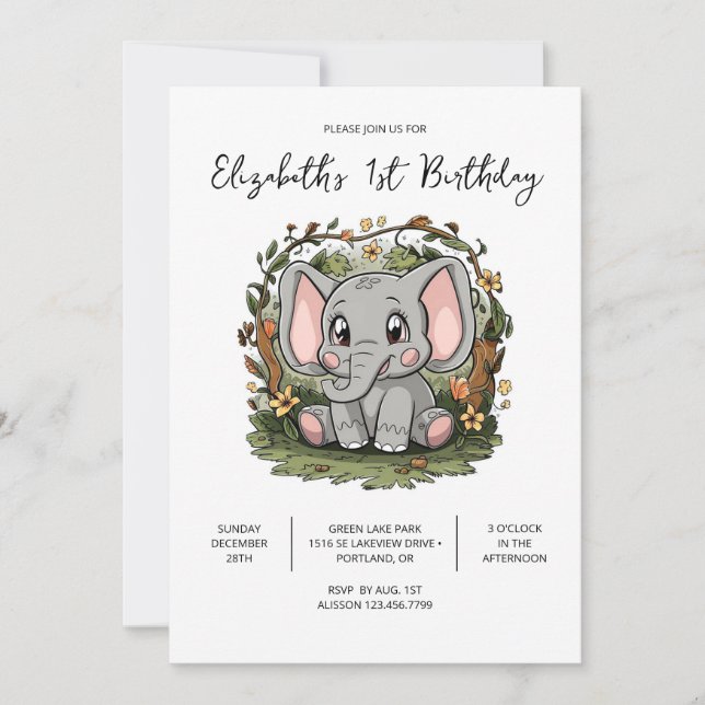 Elegant Elephant 1. Geburtstag digital Einladung (Vorderseite)
