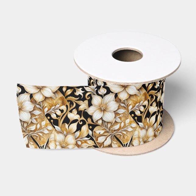 Elegant, Elfenbein und Schwarze Flora Satinband (Spule)