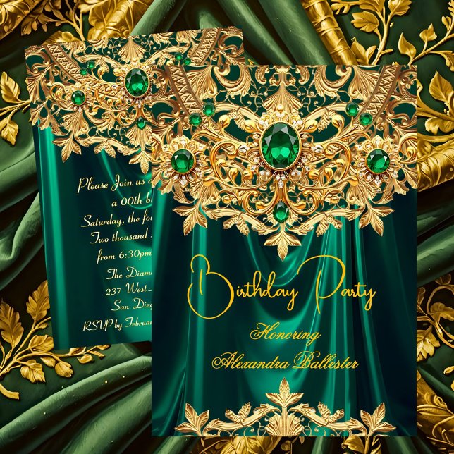 Elegant Emerald gems Gold Lace Damask Birthday Einladung (Von Creator hochgeladen)
