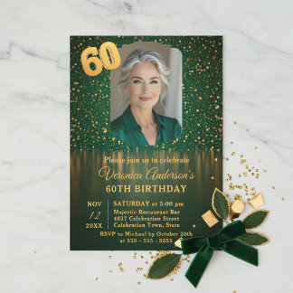 Elegant Emerald Gold Glitter 60th Birthday Party Einladung