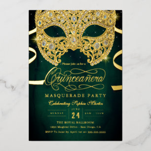 Elegant Emerald Gold Masquerade Quinceanera Folieneinladung
