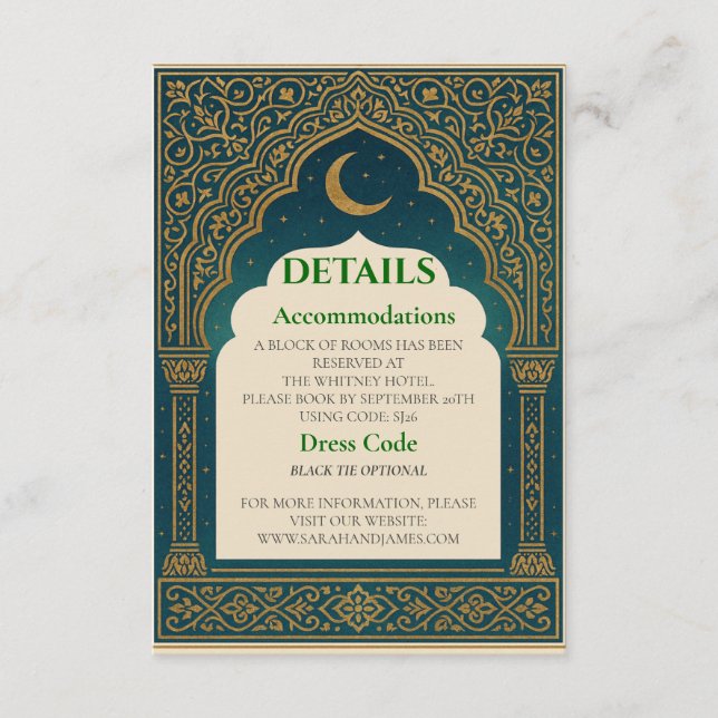 Elegant Emerald & Gold Ornate Arch Wedding Details Begleitkarte (Vorderseite)