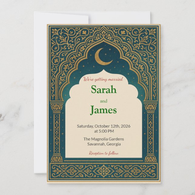 Elegant Emerald & Gold Ornate Arch Wedding Invitat Einladung (Vorderseite)