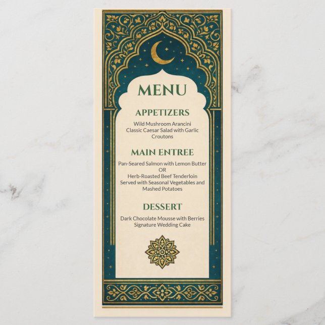 Elegant Emerald & Gold Ornate Arch Wedding Menu (Devant)